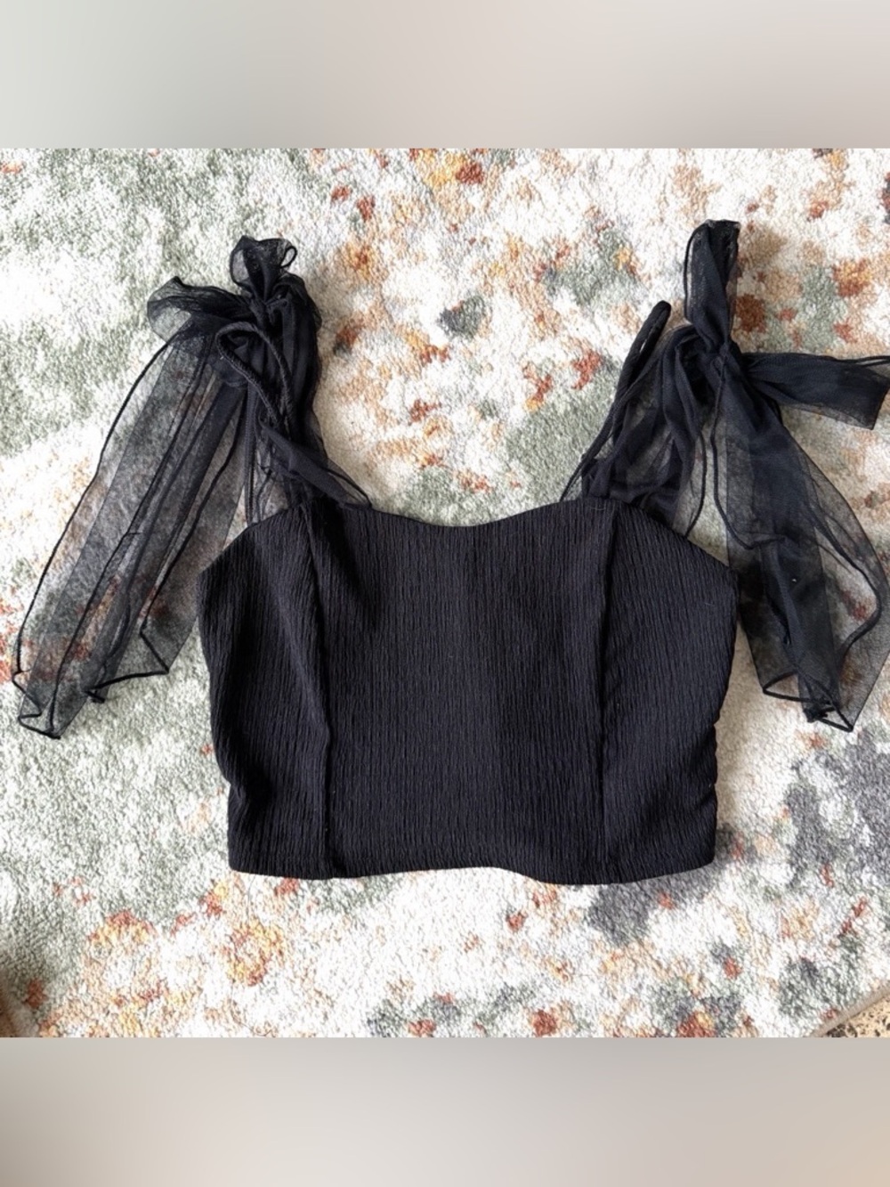 Women’s Black  Crop Top Size S Sheer Sleeve Bow Cropped Witchy Goth Whimsigoth